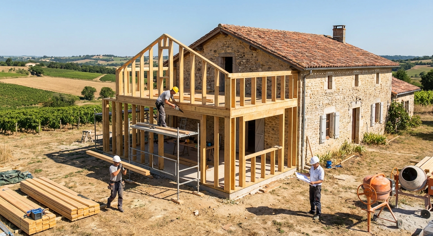 Extension de maison en ossature bois avec baie vitrée